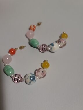 Colorful Beaded Hoop Earrings — Multicolor Glass & Resin